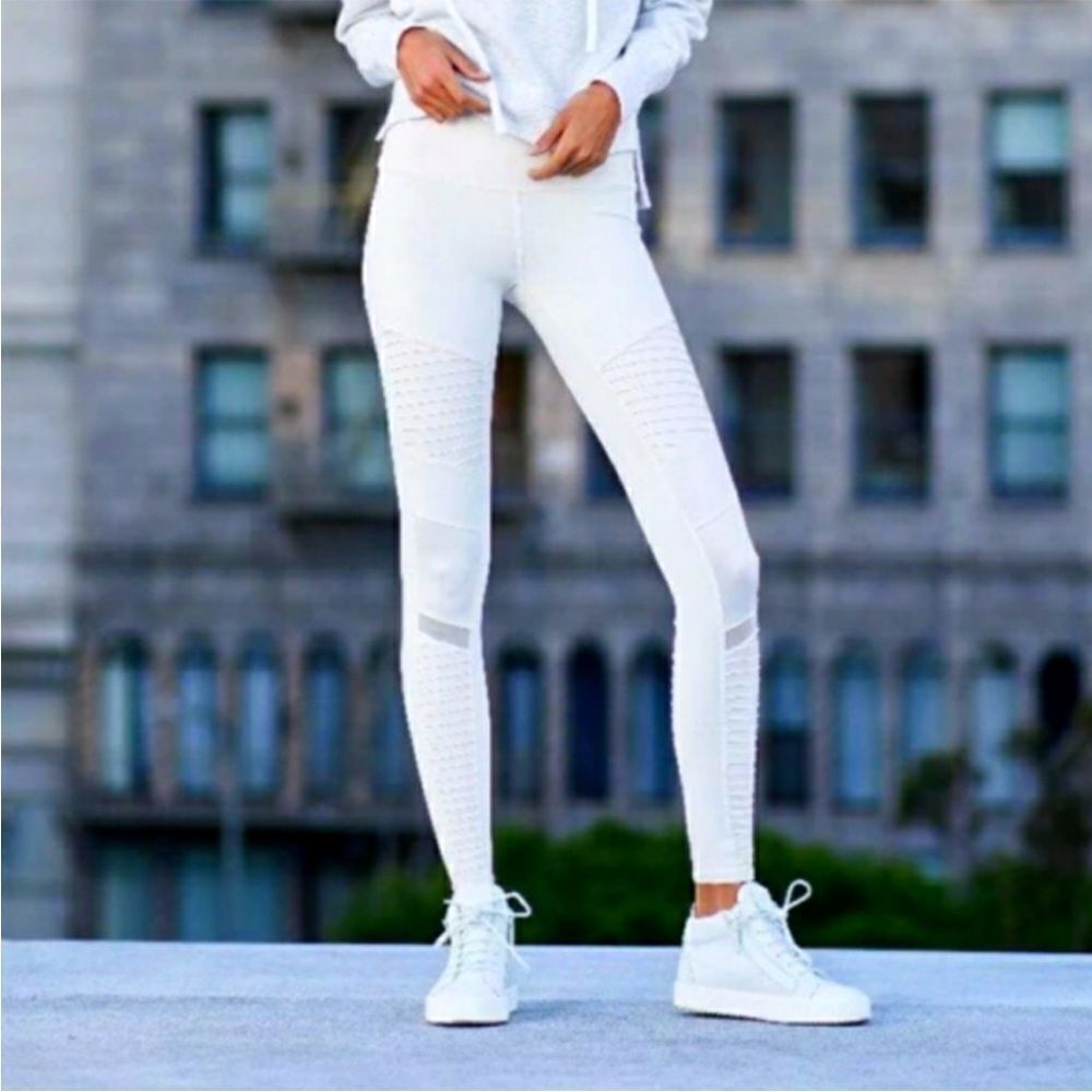Alo White Moto-Inspired Ribbed Leggings Athletic Gym Workout